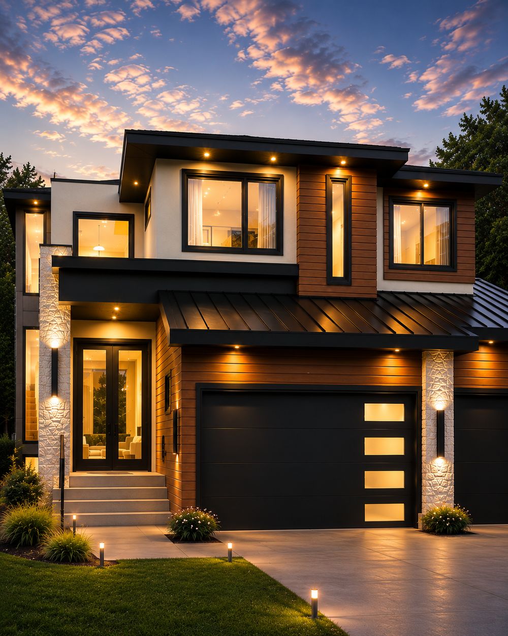 Modern two-storey custom home with wood siding, stone accents and a double garage at dusk