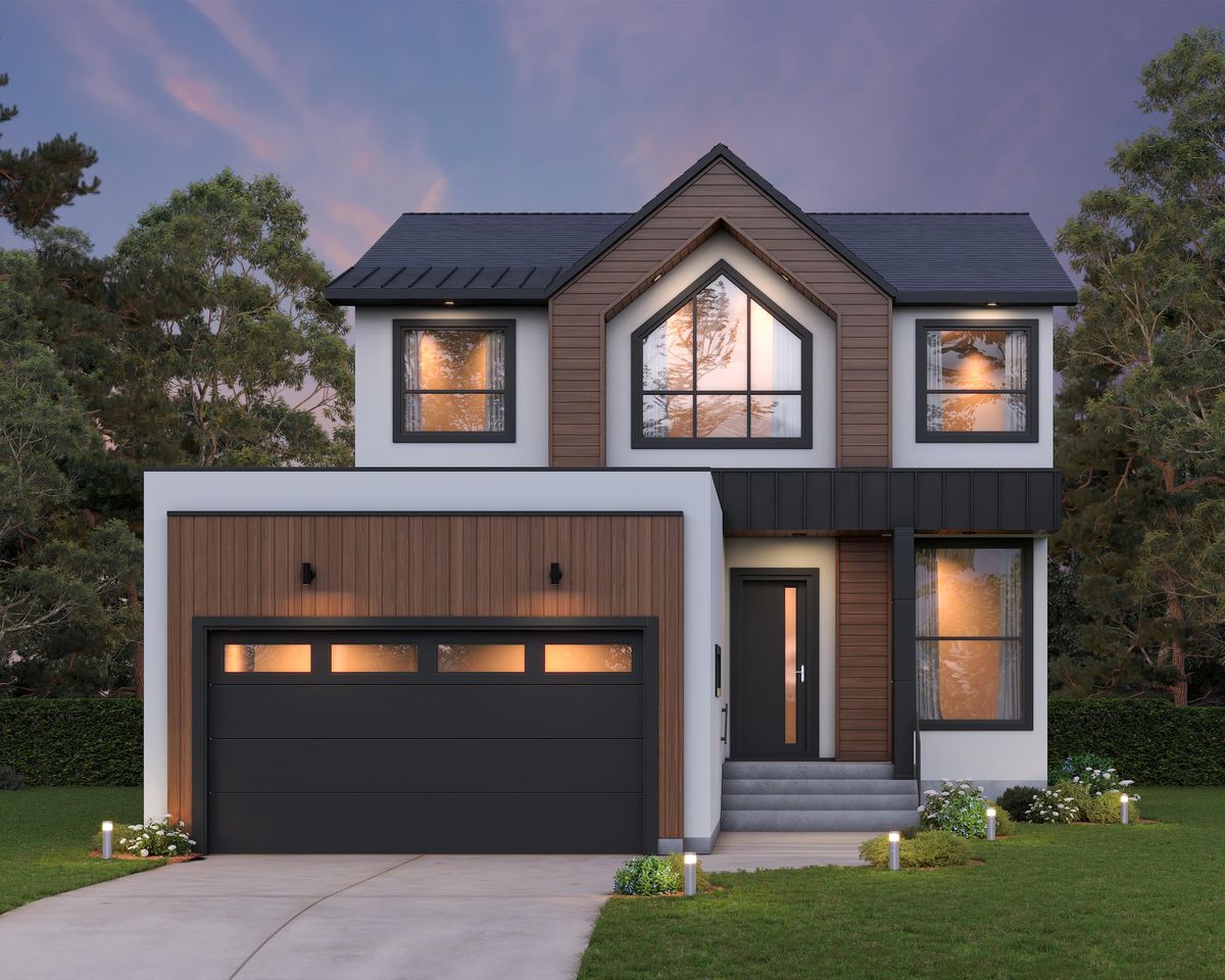 Denali B model at 249 Blossom Way, a two-storey home with wood siding, a gabled window and a double garage in Parkview Pointe, West St. Paul