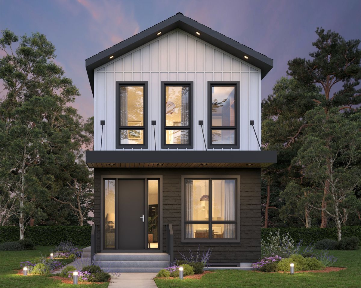 Soho A model at 322 Lockwood Street, a two-storey infill home with white board-and-batten and black brick in River Heights, Winnipeg