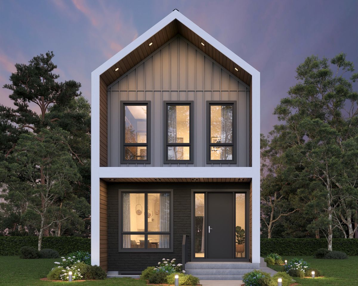 Soho B model at 324 Lockwood Street, a two-storey infill home with a white-framed gable in River Heights, Winnipeg
