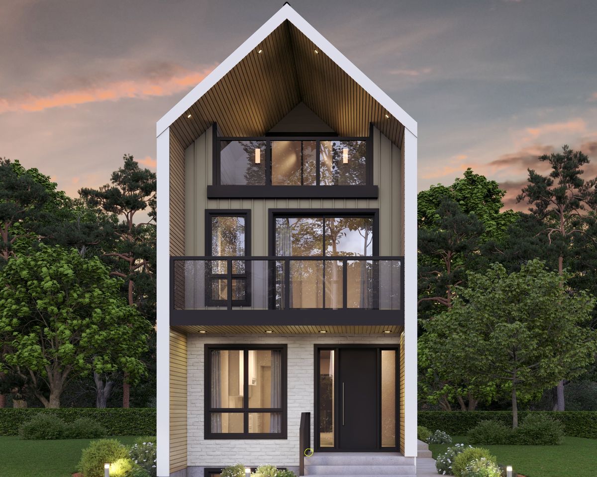 Tribeca B model at 128½ Lindsay Street, a three-storey infill home with a white-framed gable and balconies in River Heights, Winnipeg