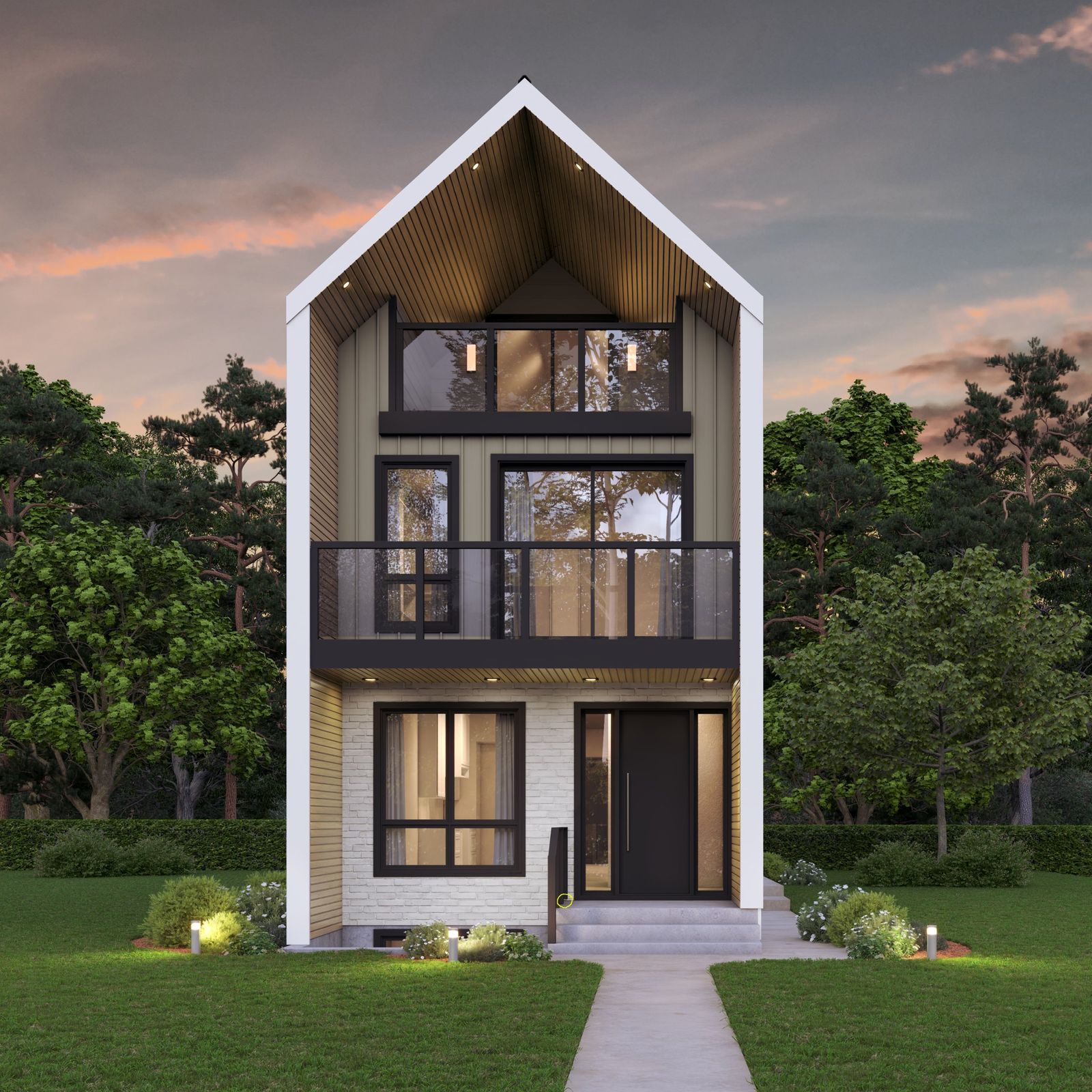 Modern three-storey infill home with a white-framed gable and glass balconies in River Heights, Winnipeg