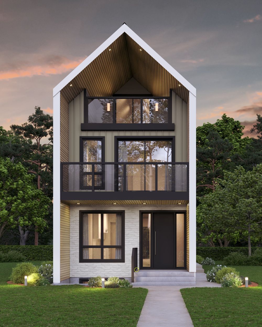 Modern three-storey infill home with a white-framed gable and glass balconies in Winnipeg