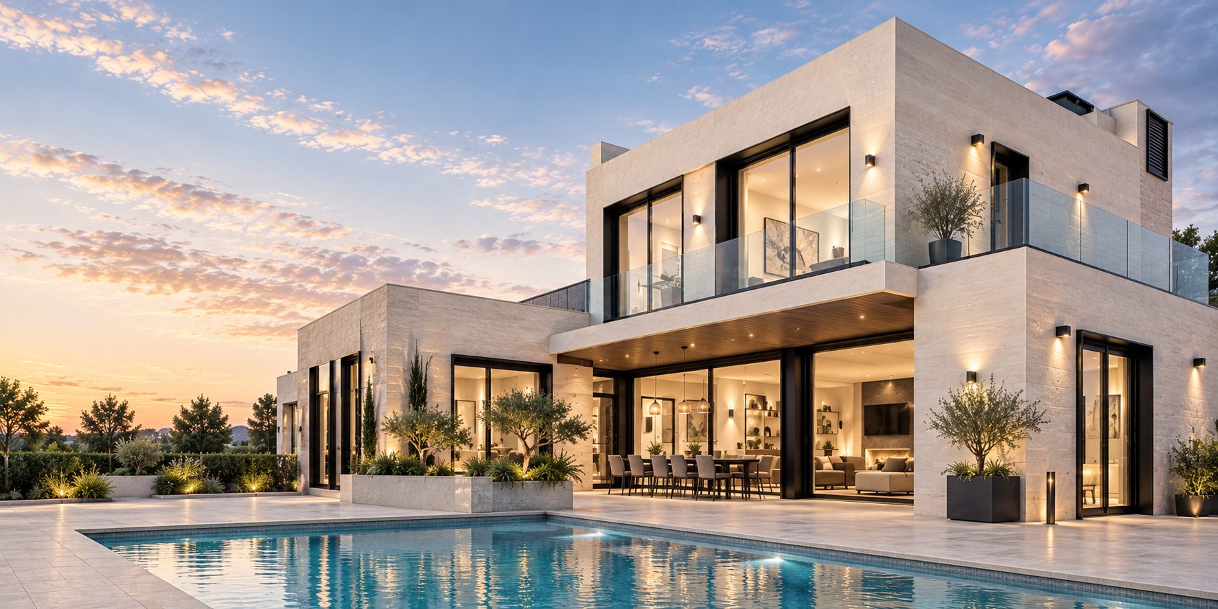 Modern luxury home with a pool and glass terrace at dusk