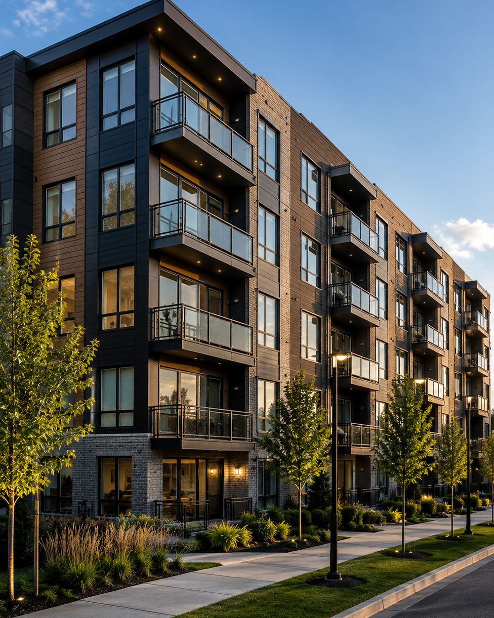 Modern four-storey multifamily residence with glass balconies